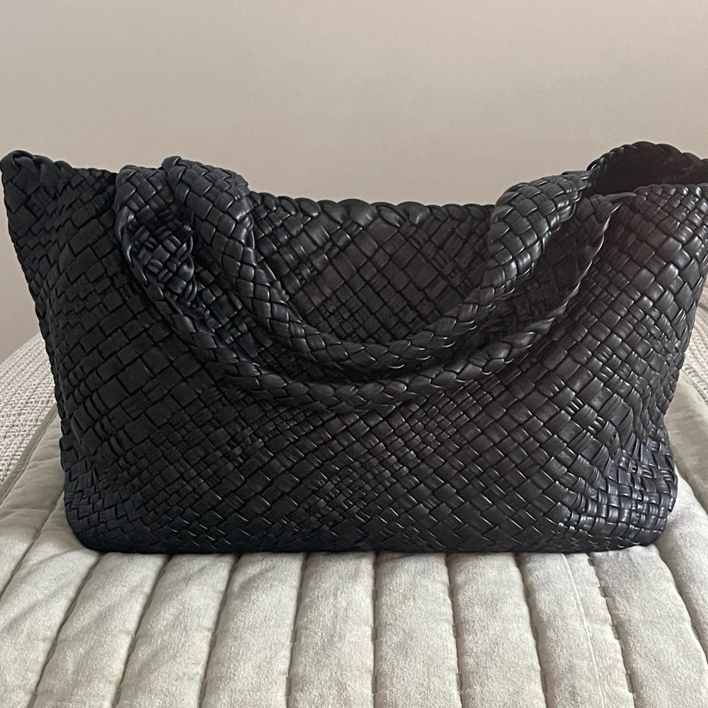 Falor Italian Made Elegant Black Woven Leather Tote Bag